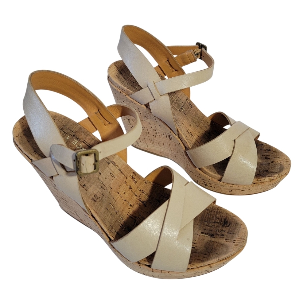 Kork-Ease Oatmeal Leather Platform Wedges Sz 7M Slink Back Boho Minimalist Comfy